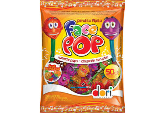 PIRULITO DORI APITO FACE POP C/50 SORTIDO