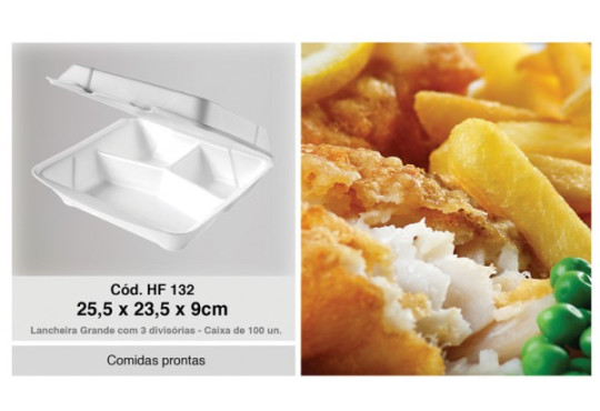 BANDEJA ISOPOR FIBRAFORM LANCHEIRA HF-132 C/100 C/DIVISORIA CAIXA 25,5X23,5X9CM