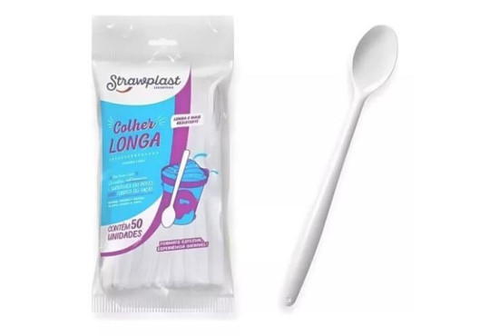 COLHER MEGA LONGA BRANCA STRAWPLAST C/50