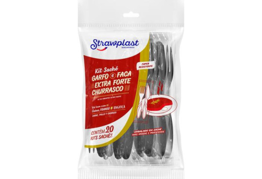 GARFO E FACA KIT CHURRASCO STRAWPLAST EXTRA FORTE PRETO C/20
