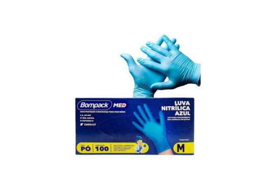 LUVA NITRILICA AZUL " PREMIUM " BOMPACK " M " C/100 SEM PO
