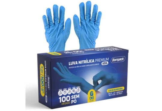 LUVA NITRILICA AZUL " PREMIUM " BOMPACK " G " C/100 SEM PO