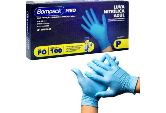 LUVA NITRILICA AZUL " PREMIUM " BOMPACK " P " C/100 SEM PO