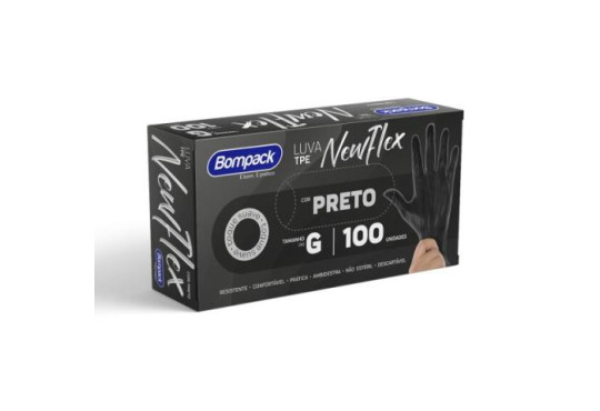 LUVA BOMPACK NEWFLEX DE TPE PRETO " G " DESCARTAVEL C/100